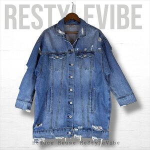 HIGHWAY JEANS Women’s Size XL Jacket Coat Denim Longline Distressed Trucker